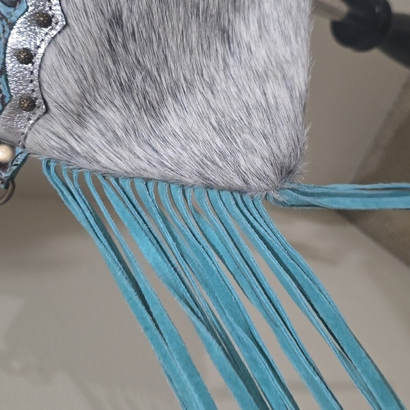 MYRA Cowhide Blue Leather Fringe Southwest Bag Crossbody Purse Concho Western - Picture 3 of 8